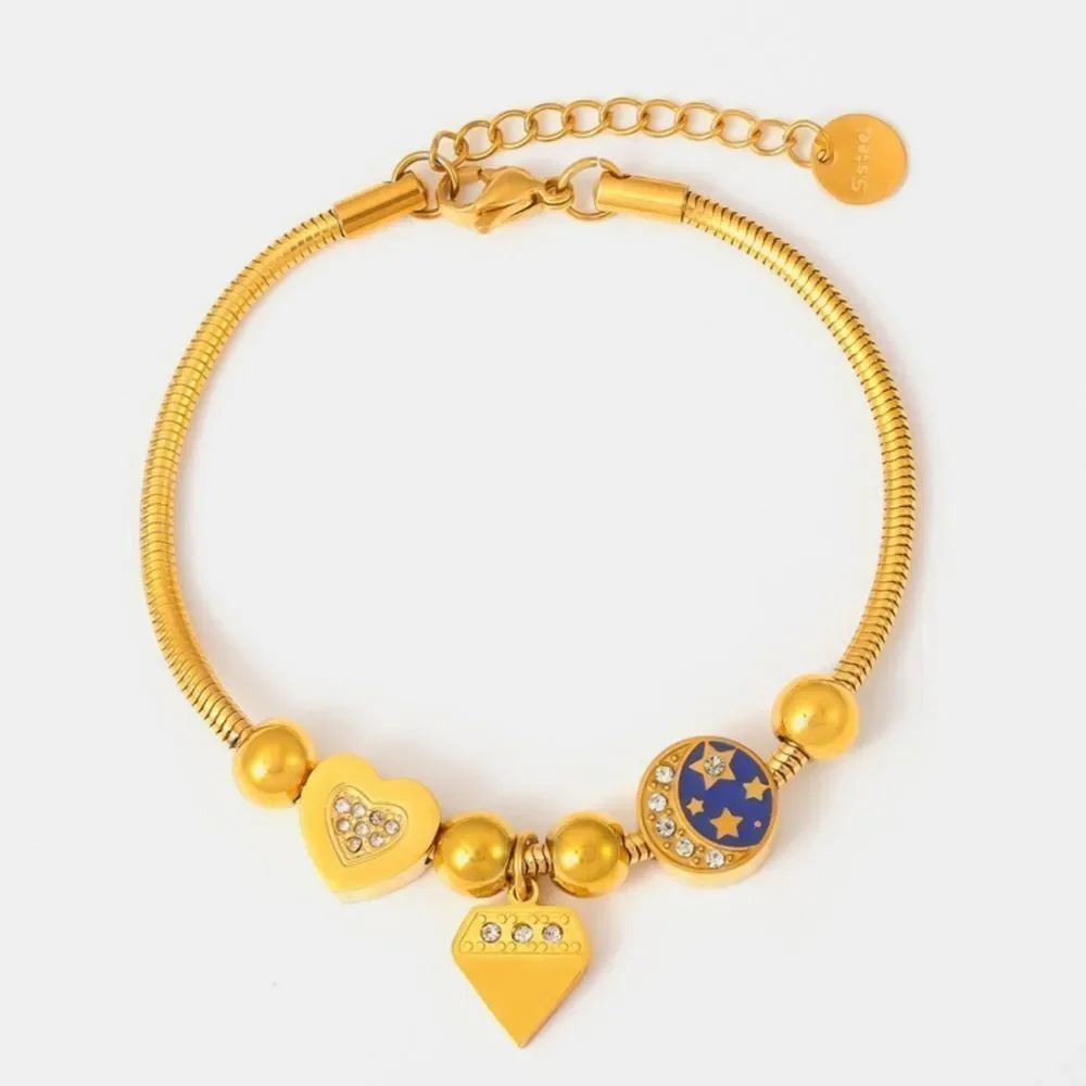 18K Gold-Plate Rhinestone Bracelet with Blue Heart Moon Charms